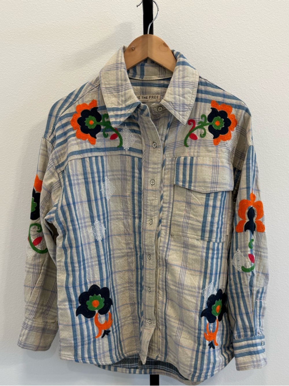 NWT Free People Sashiko Embroidered Blue Plaid Button-Down Shirt Small Boho - Picture 2 of 10